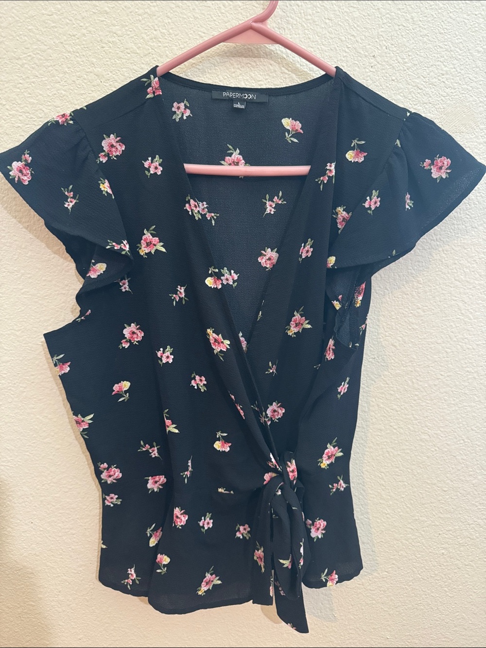 Papermoon Black Floral Tie-Waist Wrap Blouse